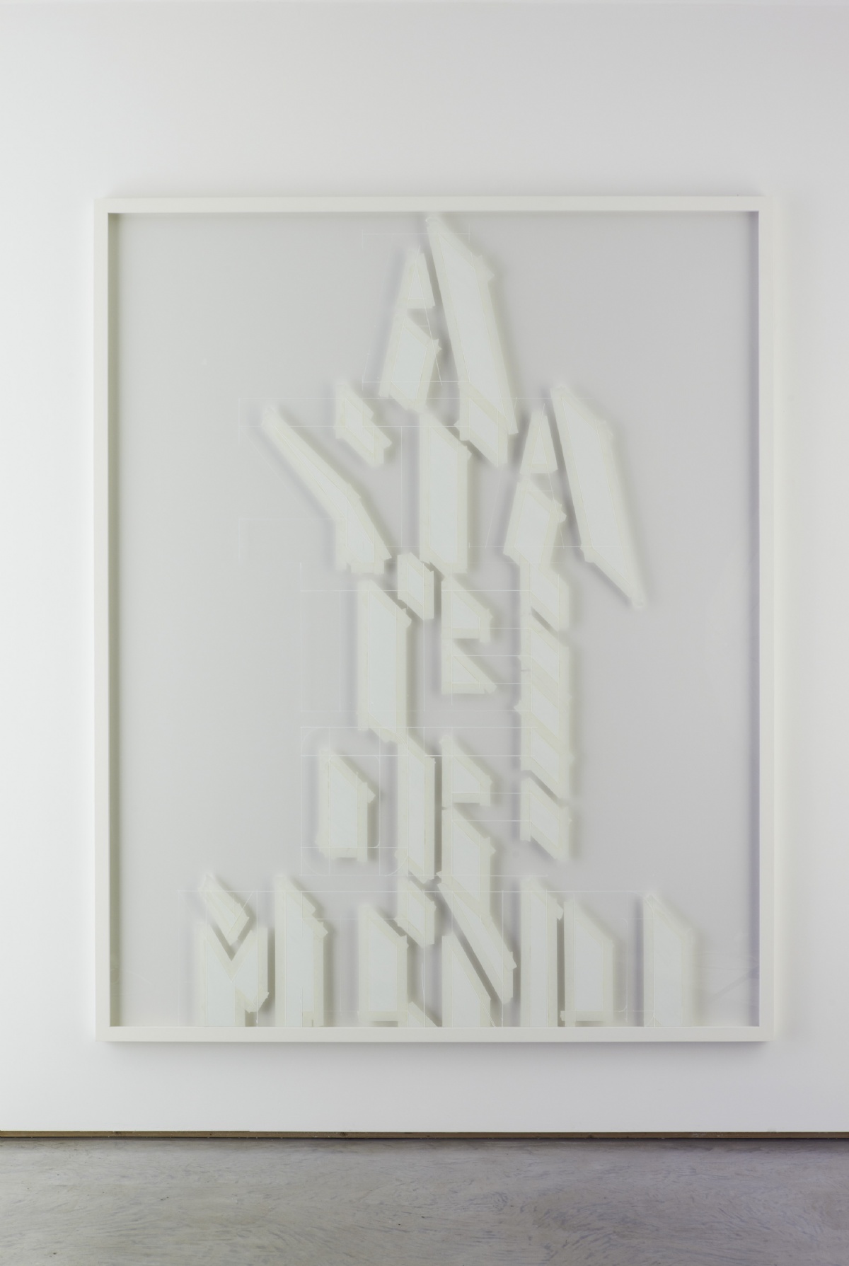 A STATE OF MIND, verf en tape op ingelijst glas, 206 x 166 cm. 2010. Collectie KPN, courtesy tegenboschvanvreden.. <em>fotograaf: Otto Polman</em>