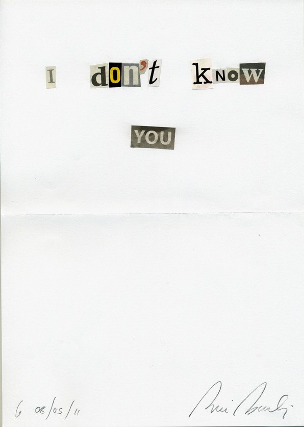 Pierre Bismuth, Signed anonymous letters to be sent to someone I don't know - To David van Gent, Marie Heinekenplein 711, 1072 MN Amsterdam*, 2011. Collage on paper, 21 x 29.7 cm and marker pen on envelope, 24 x 35 cm