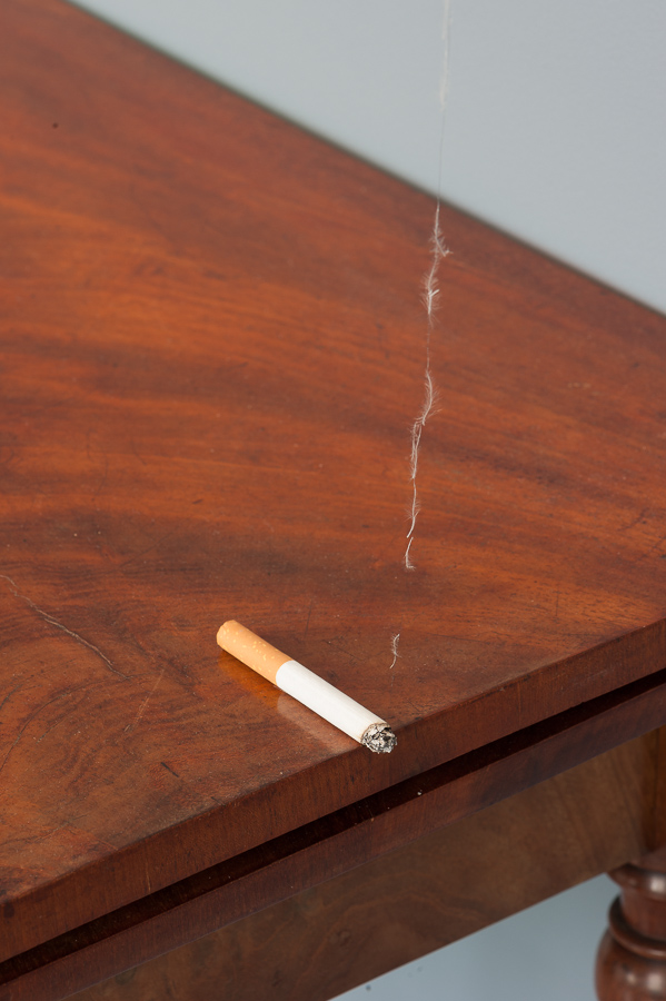 Daragh Reeves, A Still Life of a Cigarette and Smoke2013, Cigarette, nylon thread, feathers, lint, wool fibres, glue. <em>fotograaf: Cassander Eeftick Schattenkerk</em>