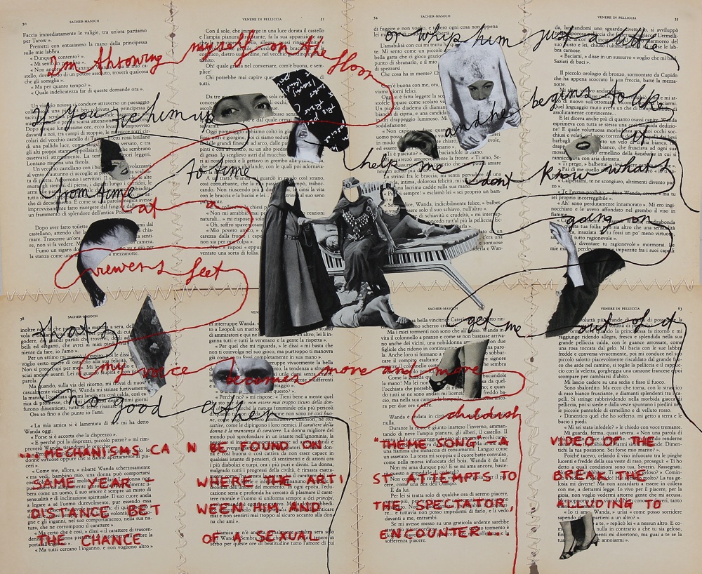 Chiara Fumai, ‘The Return of the Invisible Woman (also known as ‘Visites fantastiques de Vito A. au pays du fouet')', 2014, collage and embroidery on Sacher-Masoch's 'Venus in Furs', wall painting, courtesy of the artist and A Palazzo