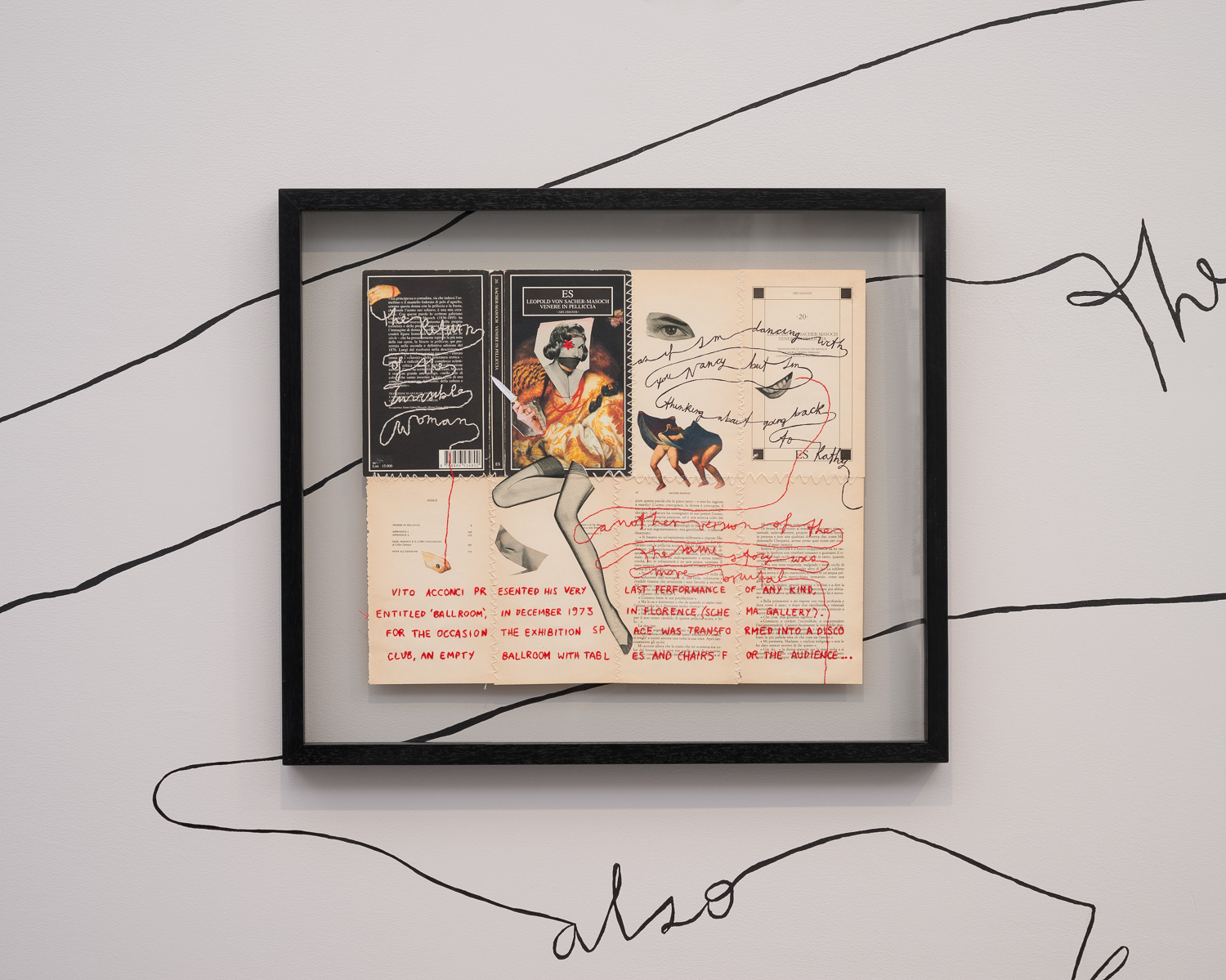 Chiara Fumai, ‘The Return of the Invisible Woman (also known as ‘Visites fantastiques de Vito A. au pays du fouet')', 2014, collage and embroidery on Sacher-Masoch's 'Venus in Furs', wall painting, courtesy of the artist and A Palazzo. <em>fotograaf: cassander Eeftinck Schattenkerk</em>