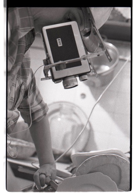 Margaret Raspe with Camera Helmet, 1974. <em>fotograaf: Heiner Ranke</em>