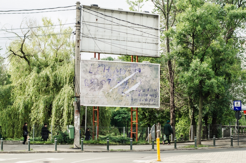 Lehman Brothers, Surfin' the Bucharest Billboards, 2016, Bucharest Biennale 7: What are we building down there?. <em>fotograaf: Charlotte Van Buylaere</em>