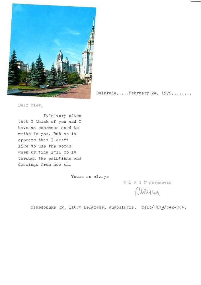 1976 MARINA ABRAMOVIC LETTER TO WIES SMALLS, Belgrade......February 24, 1976........ &copy; De Appel, Amsterdam & de kunstenaar(s)/the artist(s)