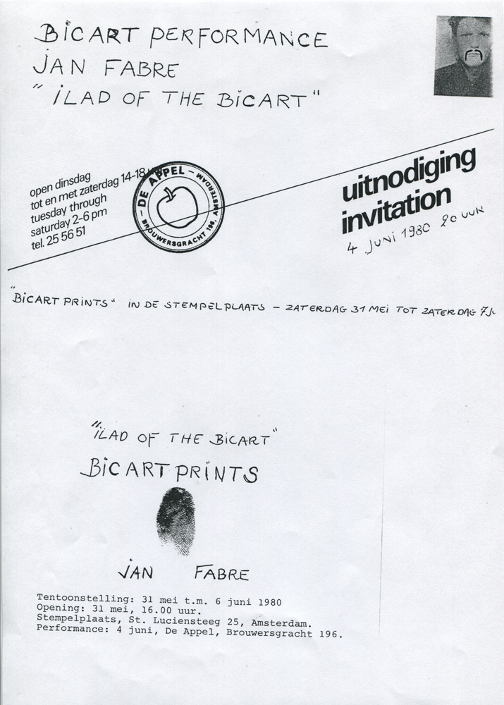 1980 JAN FABRE OPEN AVOND, 4 Jun 1980, 8 p.m. @ Brouwersgracht. Invitation Jan Fabre, Ilad of the Bicart &copy; De Appel, Amsterdam & de kunstenaar(s)/the artist(s)