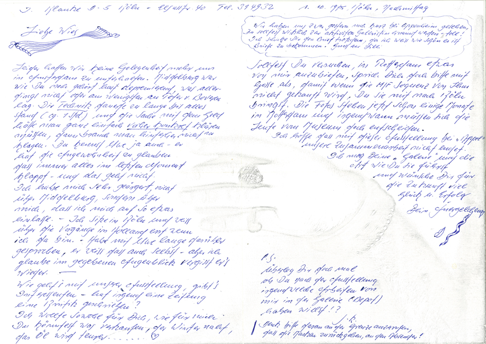 1975_Klauke  JURGEN KLAUKE LIEBE WIES, K&ouml;ln, 01_10_1975. Letter to Wies Small. &copy; De Appel, Amsterdam & de kunstenaar(s)/the artist(s)